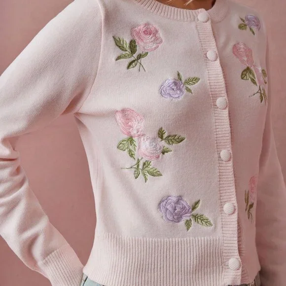 Pink Romantic Women's Floral Embroidered Long Sleeve Knit Cardigan - Picture 3 of 7